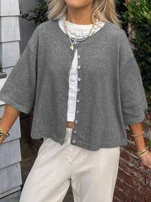 Women Short Sleeve Cardigan Button Down Open Front Knit Crew Neck Sweater Tops Oversized Lightweight Cardigans - Grey - View 1