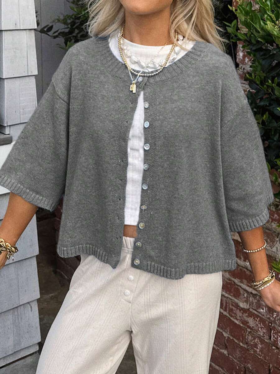 Women Short Sleeve Cardigan Button Down Open Front Knit Crew Neck Sweater Tops Oversized Lightweight Cardigans - Grey - View 1