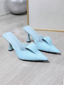 2025 春夏新款时尚尖头高跟鞋，女士蝴蝶结包头穆勒鞋 - 水藍色 - 查看 5