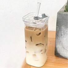 1 chiếc cốc thủy tinh hình chữ nhật 400ml có sọc, cốc thủy tinh trong suốt có nắp và ống hút, cốc cà phê đá, cốc trà, cốc nước ép, cốc nước lọc. - Trong sáng - Xem 1