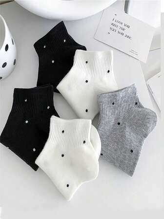 5双波尔卡圆点图案休闲百搭女士短袜