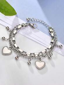 1pc Unisex Couple Bracelet, Vintage Fashionable Double-Layer Heart Design, Multi-Element Chain, Personalized Street Hip-Hop Luxury Titanium Steel Bracelet Accessories