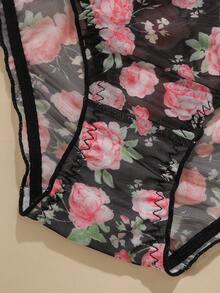 5pcs/Pack Plus Size Women Underwear, Floral & Heart Print With Contrast Trim, Comfortable Fabric, Bow Decor - 彩色 - 查看 7
