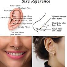 1 anel de septo articulado com incrustação de zircônia cúbica dupla | Joia de piercing de tragus de concha hipoalergênica em aço inoxidável banhado a ouro 18K 16G | Brinco labial com zircônia cúbica dupla | Design simples e elegante para uso diário feminino e presentes em festivais
