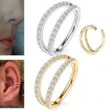 1 anel de septo articulado com incrustação de zircônia cúbica dupla | Joia de piercing de tragus de concha hipoalergênica em aço inoxidável banhado a ouro 18K 16G | Brinco labial com zircônia cúbica dupla | Design simples e elegante para uso diário feminino e presentes em festivais