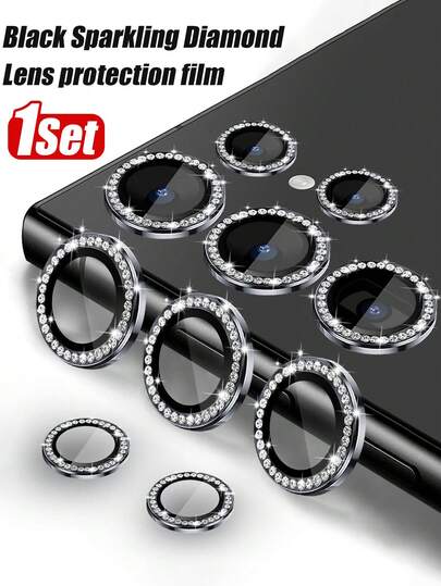 相机镜头保护膜适用于三星 Galaxy S25 Ultra，钢化玻璃铝合金环形镜头盖，带 [安装托盘] [拆卸工具]，适用于三星 Galaxy S24 Ultra（钻石黑）（根据型号发货）