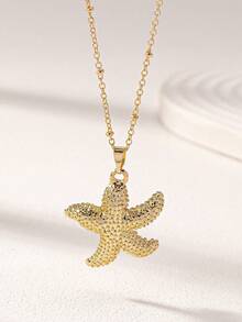 1 Pc Golden Color Metal Starfish Sea Beach Shell Pendant Necklace Summer Vacation Beach Necklaces Jewelry - Gold - View 2
