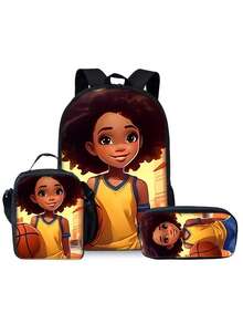 Little Girl Black Backpack Three Pieces Set - Black - View 12