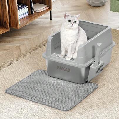 Bakaji Lettiera per Gatti XL Aperta con Base in Acciaio con Borso Anti Sabbiolina, Paletta per Raccolta, Tappetino Anti Sporco, Base Antiscivolo, Capacità 25 Litri, 50 x 35 x 30 cm