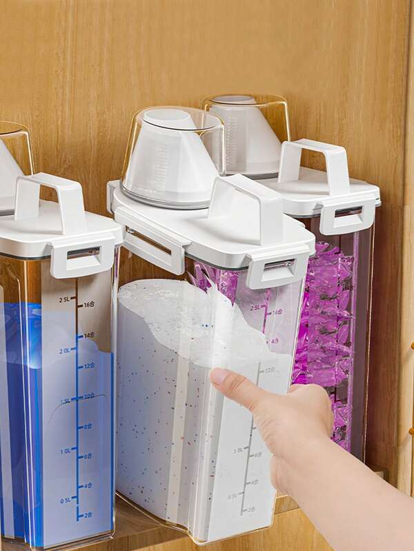 1 pieza/2 piezas Caja de almacenamiento de polvo de lavandería, Frasco de almacenamiento con taza medidora graduada, Caja de almacenamiento de gran capacidad, Contenedor dispensador de detergente para la lavandería, Almacenamiento de suministros de limpieza, Artículos del hogar, Adecuado para el cuarto de lavado, baño, uso en el inodoro, Accesorios de baño
