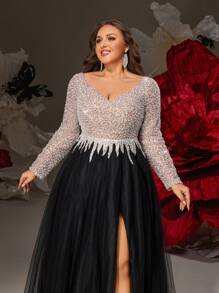 VIPGIRL Abendkleid in Große Größen mit langen Ärmeln und Glitzer, bodenlanges schwarzes Tüllkleid mit paillettenbesetztem Oberteil, elegantes Abendkleid für Frauen mit V-Ausschnitt, Abiball-Kleid mit Schlitz, funkelndes Partykleid für Gala & Hochzeitsgäste