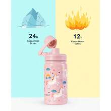 2 Pack Insulated Kids Water Bottle,  14oz Stainless Steel Water Bottles With  Straw Lid, -FREE Lead-Free Double Wall Leak Proof Drink Cups Flask For School (Blue Car +Blue Dinosaur) - 粉色 - 查看 2