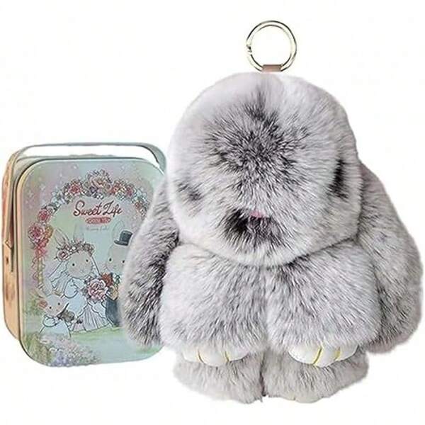 Bunny Lulu Keychain With Tin, Soft And Cute Pompom Pendant, Bunny Cute Plush Keychain