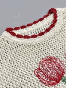 Women Floral Printed Elegant Knit Top, Simple Embroidered Hollow, Daily Wear, Travel, Date Night, All Seasons