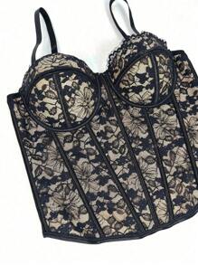 Women Floral Black Lace Trim Corset Overbust Waist Cincher Bustier Top