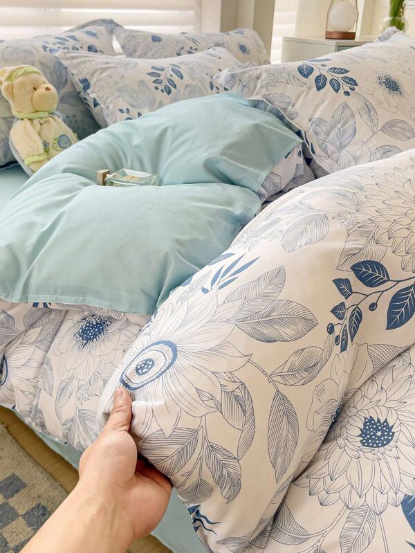 4 pièces Ensemble de literie avec motif de feuille de plante (1 housse de couette, 2 taies d'oreiller, 1 drap-housse), style élégant de campagne, housse de couette confortable et agréable pour la peau, convient pour lit simple/double, toutes saisons