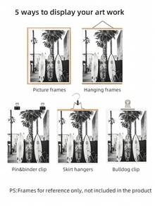 1 件单色冲浪板印刷黑白棕榈剪影艺术、沿海简约无框海报与倾斜的栅栏、海滨别墅装饰和毕业礼物（返校墙印） - 黑與白 - 查看 6