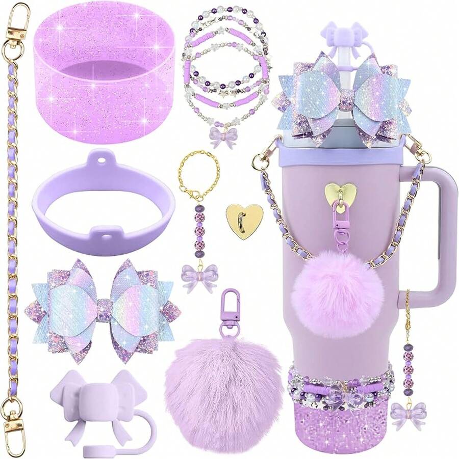 11PCS Complete Tumbler Accessories Set, Ultimate Value Pack With Full Protection & Decor, All-In-One Kit - 3 Purple - 查看 1