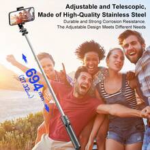 Portable Selfie Stick, Extendable Selfie Stick Tripod With Wireless Remote And Tripod Stand, Lightweight And Compact, Compatible With IPhone 15 14 13 12 Pro Xs Max X 8Plus, Android, GoPro - Black - View 9