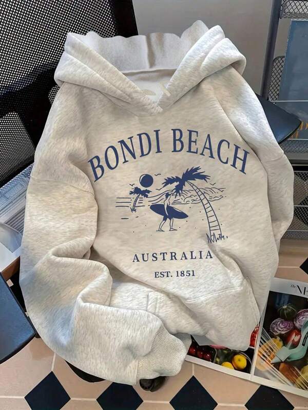 Bondi Beach Coconut Tree & Surfing Graphic Plain Pullover Hoodie For Women, Relaxed Fit & Drop Shoulder Design With Pocket