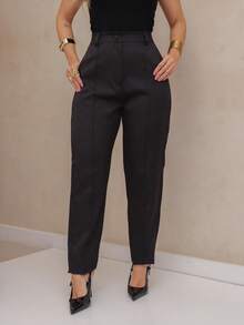 Straight Cut Tailored Trousers/ Front Pockets 216 - Black - View 3