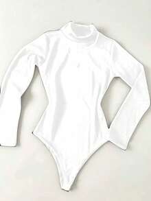 Bory Bodysuit Women's Long Sleeve Ribbed Basic Blogger Leotard - 白色 - 查看 2