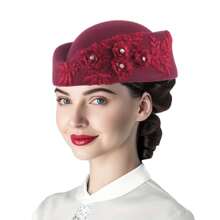 1pc Vintage European British Wool Felt Headdress Hat, Women's Church Derby Headpiece With Floral Decoration, Soft Beret Cap, High-End Stewardess Hat Suitable For Cosplay, Theme Party, Online Influencer Props