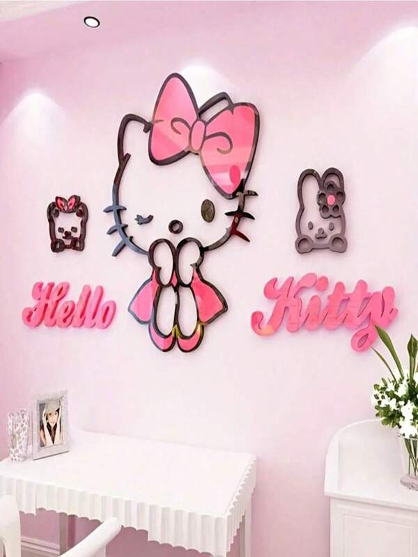 Sanrio قطعة واحدة ملصق حائط ثلاثي الأبعاد محمول من سانريو هيلو كيتي - زخرفة حيوانية حديثة لاصقة ذاتيًا بتصميم زهري لغرف النوم وغرف المعيشة والسكن الجامعي - مثالي لمكاتب المنزل والحفلات والهدايا في عيد الميلاد والأعياد