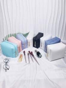 Necessaire de Tule com Listras, Bolsa Cosmética de Grande Capacidade, Organizador de Viagem com Listras Bordadas