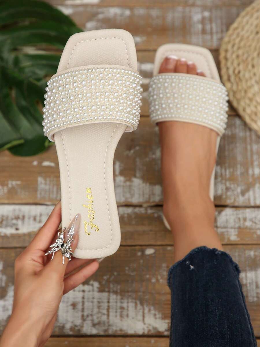 Plus Size Women's Spring/Summer New White Square Toe Flat Sandals, Fashion Rhinestone Strap Slippers, Holiday Essential, Suitable For Dresses - White - View 1
