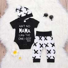 AiN't No Mama Like The One I Got Newborn Baby Boys Girls Pants Set Toddler Infant Short Sleeve Letter Print Romper Bodysuit + Cross Print Pants + Hat 3Pcs Outfit Set - Black - View 3