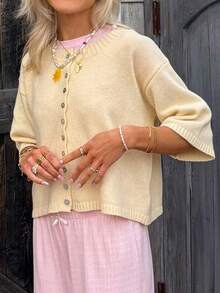 Women Short Sleeve Cardigan Button Down Open Front Knit Crew Neck Sweater Tops Oversized Lightweight Cardigans - Yellow - View 6
