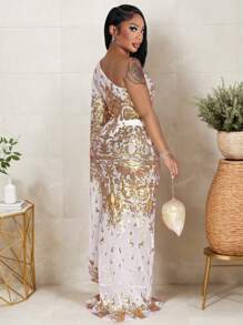 1pc One-Shoulder Long Sleeve Mesh & Sequin Patchwork Party Dress