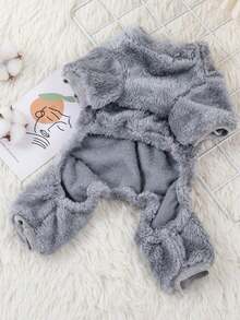 Pet Dog/Cat Hooded Jumpsuit, Winter Warm Pullover Outfit With Leash, Suitable For Poodle, Teddy, Silver Tabby Cats, Solid Color Indoor Loungewear