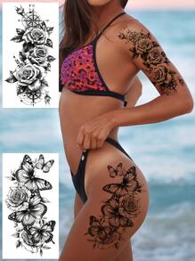 5pcs Black Temporary Butterfly And Flower Tattoo Stickers, Suitable For Arms And Legs, Waterproof And Sweat-Proof, Easy To Use And Remove, Perfect For Women, Essential For Parties And Gatherings.
