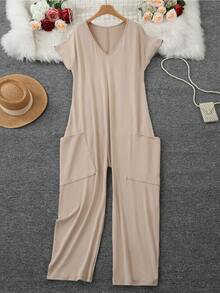 Jumpsuit Wanita Warna Polos Leher V Lengan Pendek Model Longgar di Selangkangan, Elegan untuk Musim Panas - Khaki - View 4