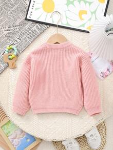 女婴针织毛衣，精致“姐姐”刺绣白色花朵图案，柔软温暖 - 粉色 - 查看 6