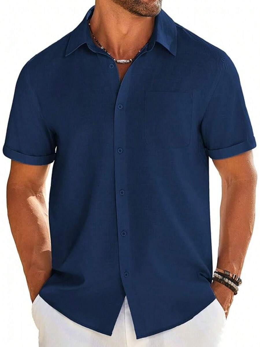 Mens Casual Linen Shirt Short Sleeve Button Down Shirt Summer Beach Shirts With Pockethalloween - 藏蓝色 - 查看 1