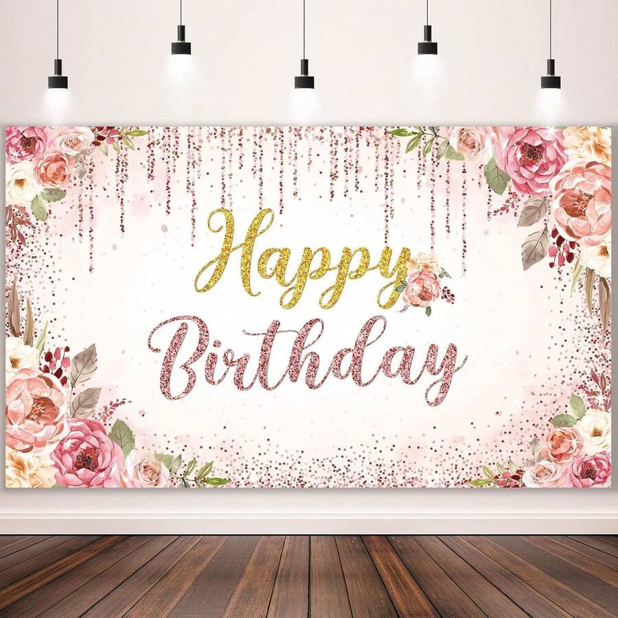 1件装生日快乐背景装饰，适用于女性派对背景用品，玫瑰背景摄影，生日花卉闪光横幅，婚礼迎婴派对装饰（玫瑰金） - 彩色 - 查看 1