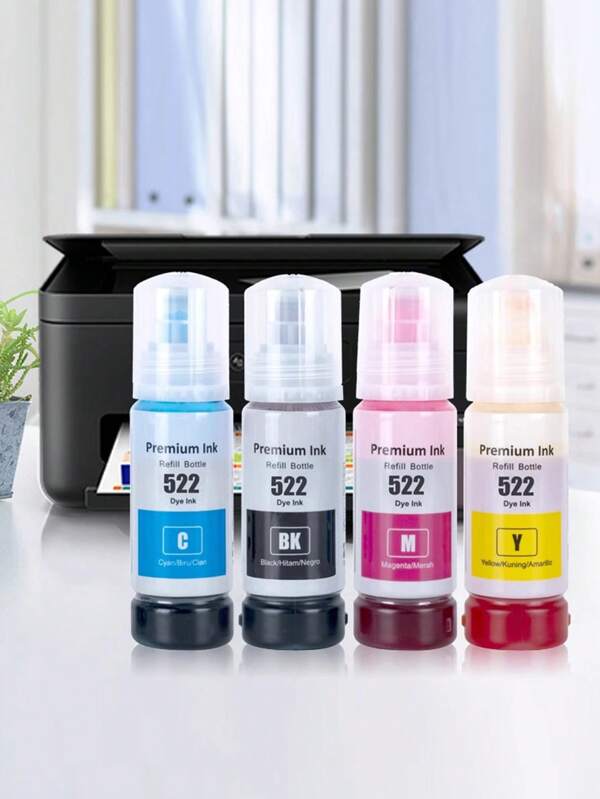 حبر متوافق مع طابعة إبسون 522 (حبر غير فرعي)، مناسب لطابعات إبسون Ecotank ET-2803، ET-2800، ET-2720، ET-4800، ET-4810، ET-2400، ET-2840، ET-4700، فلاكون 4 (بلاك/سيان/ماجنتا/أصفر) بسعة 70 مل للفلكون الواحد