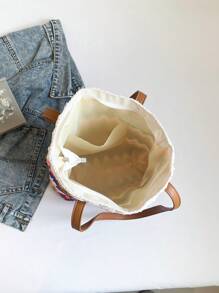 New Straw Woven Bag Women Large Capacity Shopping Tote Bag Striped Letter Beach Bag Embroidery Vacation Lightweight Oversized Bag