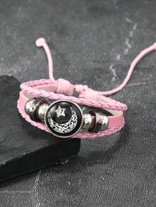 1pc/Set Vintage Punk Style Moon & Sun Lovers PU Leather Braided Multilayer Beaded Bracelet, Couples Gift - Multicolor - View 12