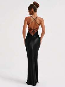 Women's Sexy Satin Crisscross Backless Spaghetti Strap Waist Cinching Cocktail Dress - Black - View 2