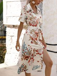 Women's Stylish Short - Sleeve Floral Shirt Dress - Lapel, Button Front, Tie - Waist, Slit Hem, Summer Casual Midi Dress - 杏色 - 查看 4