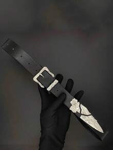 1件朋克金属西部剑士新款雕刻时尚腰带，复古皮革腰带，男女通用设计，适合秋季、万圣节、秋冬季配饰，适合青少年、青年、男士，休闲、户外、运动、度假、毕业礼物、生日、日常穿着 - 黑色 - 查看 2