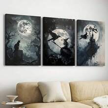 3pcs Dark Ghost Painting, Full Moon, Halloween Decorative Wall Arts Canvas Posters, Black Cat, Crow, Witch, Gothic Art HD Printing Optional Frame, Living Room, Bedroom Home Decoration Hanging Painting Room Decor - Multicolor - View 2
