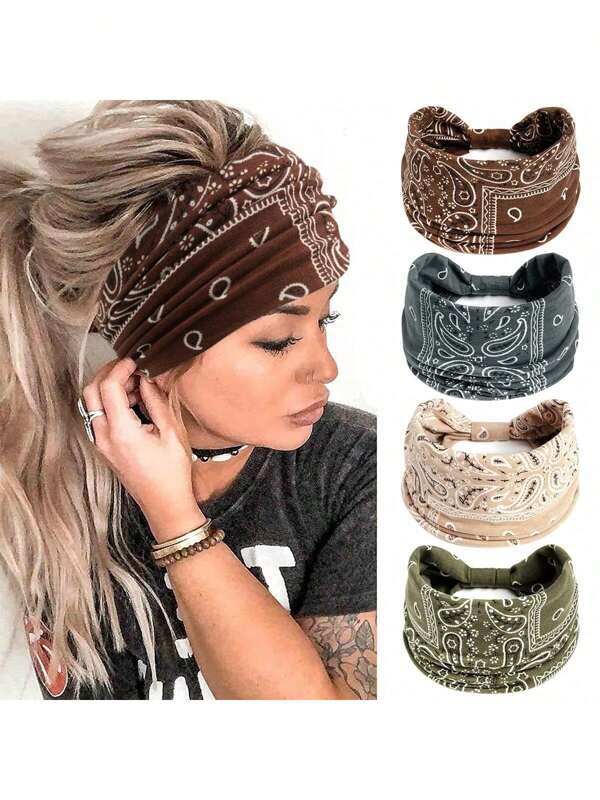 Conjunto de bandana feminina 4 peças/1 com estampa paisley vintage, lenço de cabeça colorido feminino, faixa esportiva para suor, acessórios para cabelo para ioga, faixa de cabelo estilo boêmio