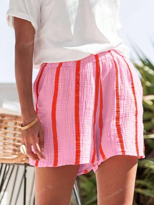 Damen gestreifte Shorts, Acetatfaser (Polyester) mit Scheintaschen mit Kordel, geeignet für Lässig, Urlaub, Abenddate, Geburtstagsparty, Einschulung, Reisen, Country-Musikfestival, Sport & Fitness, Frühling/Sommer