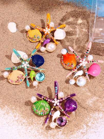 1 件珐琅滴漆白色仿珍珠彩色锆石贝壳海星金属胸针，衬衫装饰，西装背包学校办公室配饰衬衫夹克珠宝圣诞节万圣节衣服别针有趣可爱的教师礼物万圣节配饰教师节