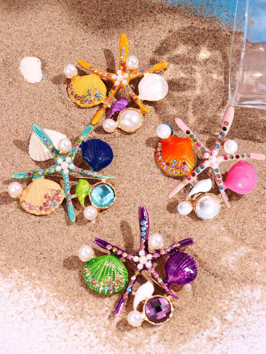 1 件珐琅滴漆白色仿珍珠彩色锆石贝壳海星金属胸针，衬衫装饰，西装背包学校办公室配饰衬衫夹克珠宝圣诞节万圣节衣服别针有趣可爱的教师礼物万圣节配饰教师节